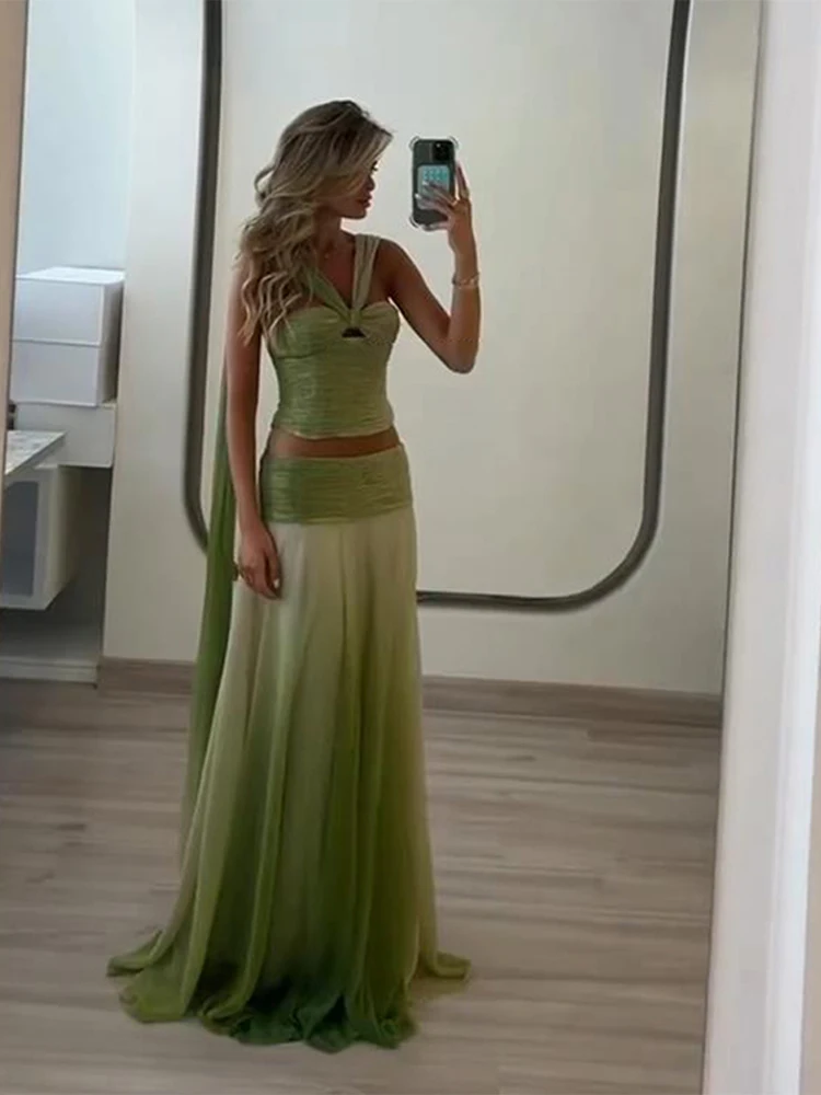 الشاطئ التدرج تنورة طويلة مجموعة المرأة ضئيلة الرسن أكمام مطوي أعلى الطابق طول تنورة 2025 عطلة الصيف مثير سيدة البدلة #3