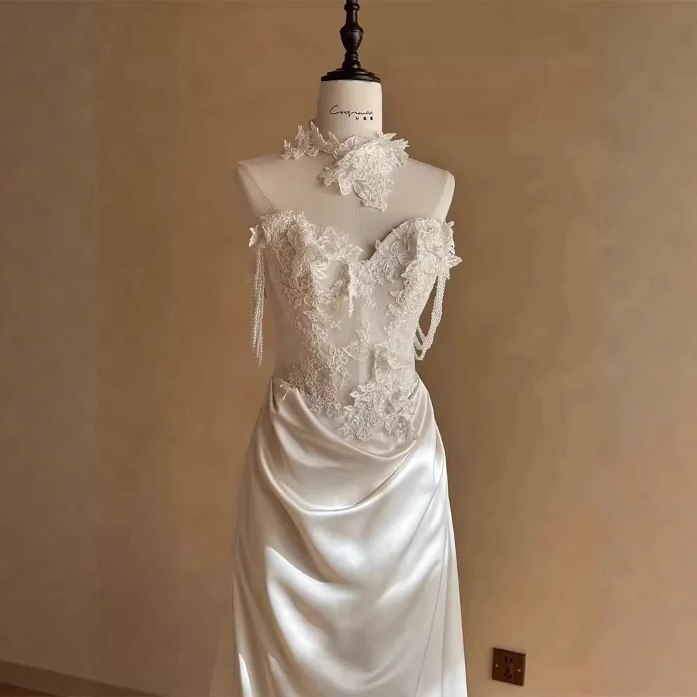 Cetim sereia vestido de casamento para noiva simples feminino fora do ombro rendas apliques vestido de noiva personalizado vestidos de ocasião formal