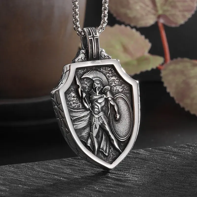 Ancient Greek Mythology Spartan Warrior Sword and Shield Pendant Lucky Amulet Necklace Men's Fashion Jewelry