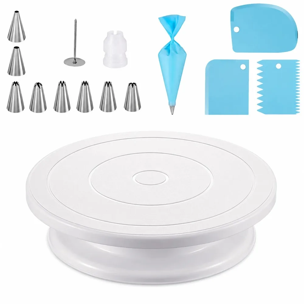 15Pcs Cake Turntable Set Decorating Revolving Stand Mold Smoothers Scraper Piping Nozzles Cutter Home Baking Accessories
