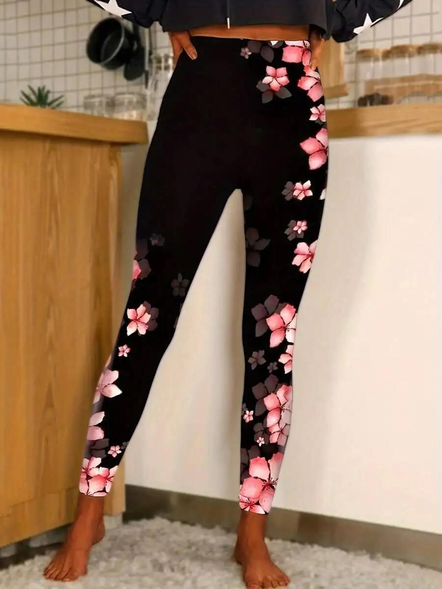 

Womens Black Floral Print Stretch Skinny Leggings Casual Everyday Pants