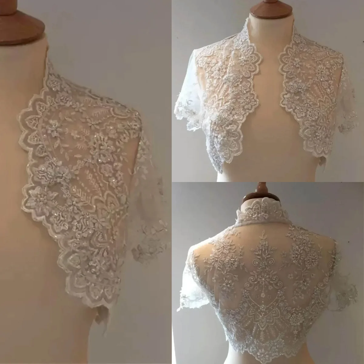 

Vintage Short Sleeve Wrap Jacket Sheer Lace Beaded Bride Jackets Appliques Pearls Bridal Cloak High Quality Wedding Accessories