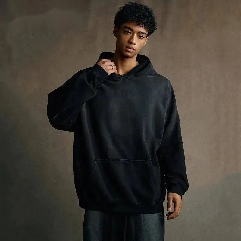 Men's Clothing Autumn Fake Two-Piece Sweatshirt Vintage Washed Hooed Big Pocket Male Hoodies Streetwear New Fashion 9X135B