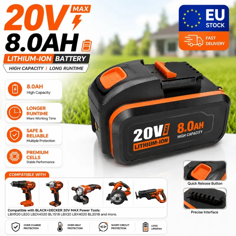 Batterie de remplacement au lithium-ion 20V 8.0Ah pour outils électriques WX390 WX176 WX166.4 WX372.1 WX800 WX678 WX550 WX532 WG894E WG629E WG329E, haute capacité, longue autonomie, rechargeable, stock UE Pologne, livraison rapide, puissance élevée