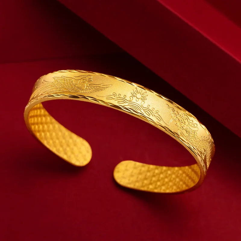 9999 Real Gold 24K Gold, Women's Retro Dragon and Phoenix Bracelet, Gold Auspicious Dragon and Phoenix Pattern Mom Bracelet