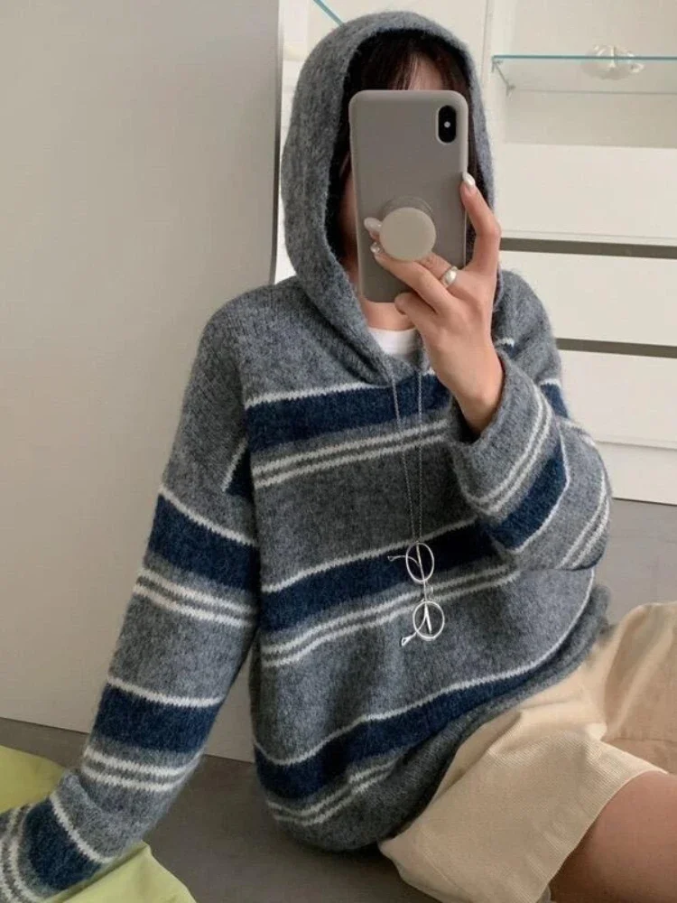 Korean Casual Versatile Tops Lazy Style Striped Hooded Women's Sweater Autumn Winter Loose Drop Shoulder Stripe Soft Pullover