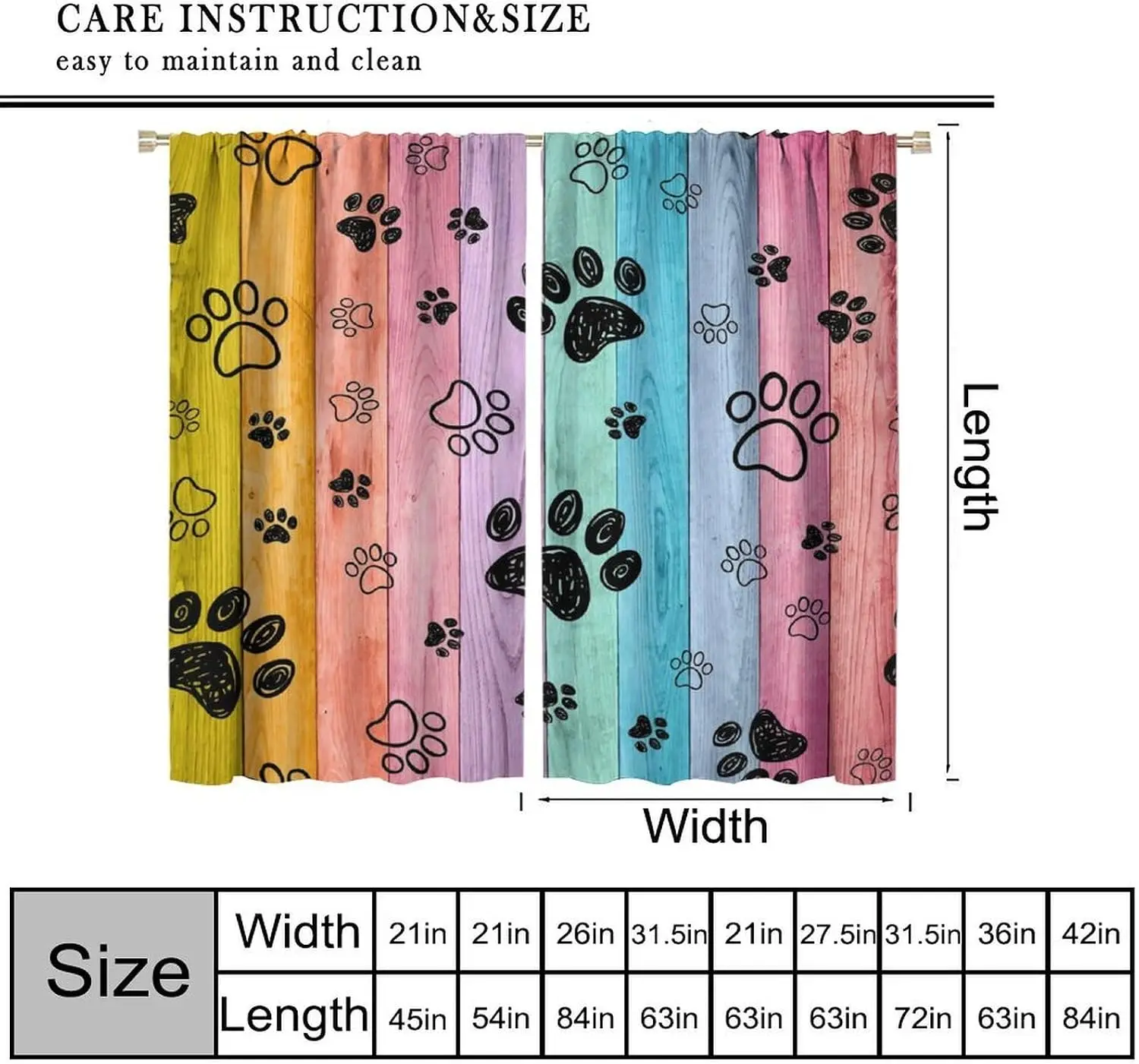 Cute Dog Paw Print Curtain 2 Panels Colorful Wooden Plank Master Bedroom Print Window Curtain Lovely Pet Themed Home Decor