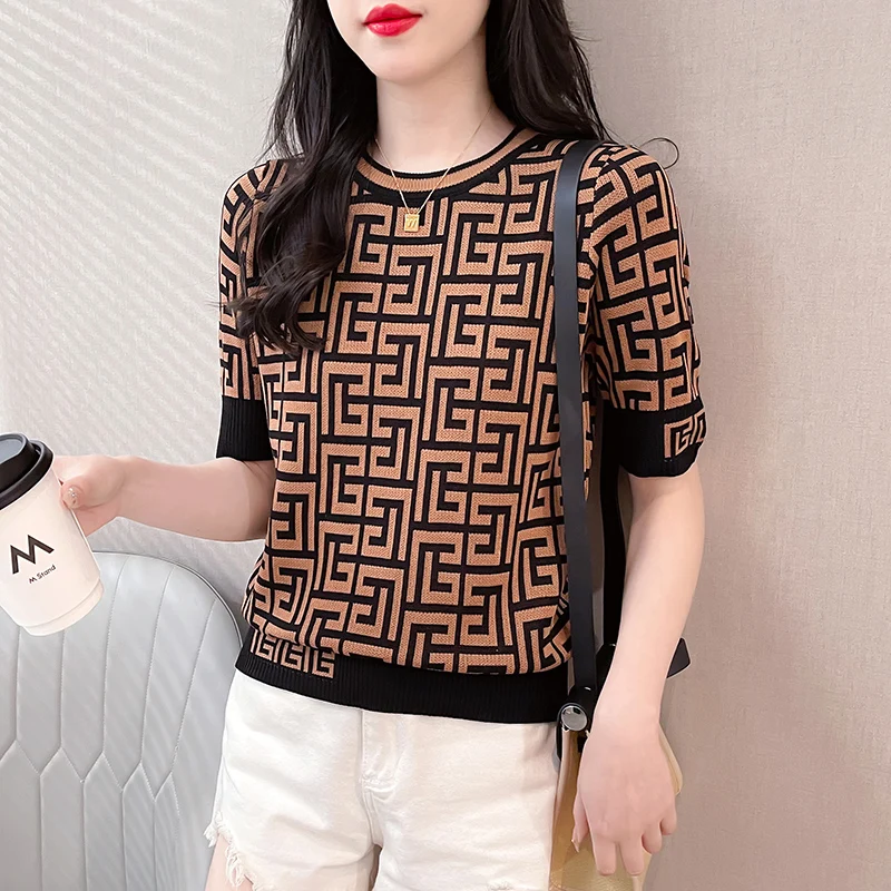 2023 Fashion Contrast Jacquard Elegant Plaid Women Tops Outfits Short Sleeve Knitted T-Shirts Loose Retro Office Ladies Clothes
