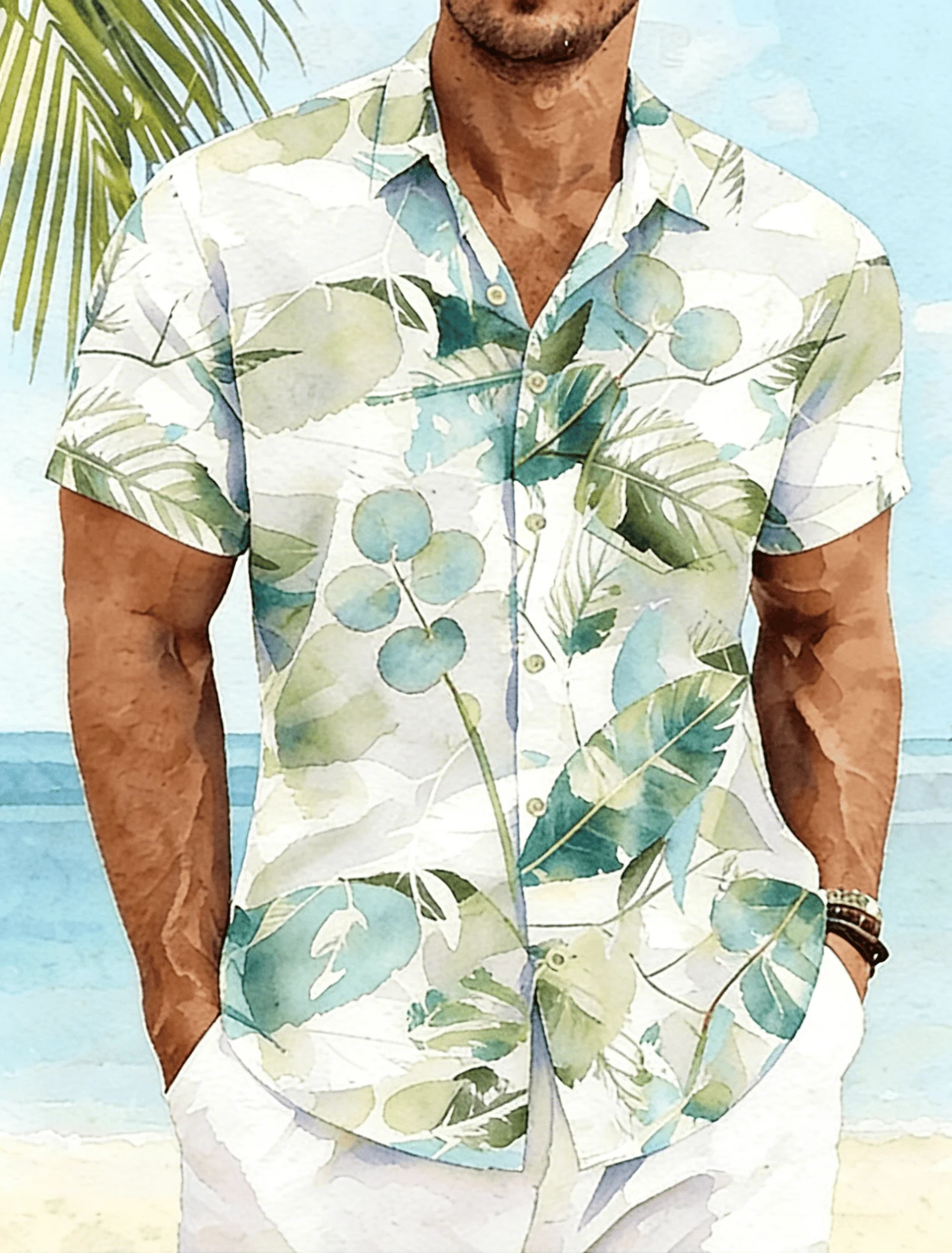 

Men's Watercolor Tropical Plant Print Short Sleeve Shirt, Spring Summer Fresh Vacation Blouse, Loose Casual Top