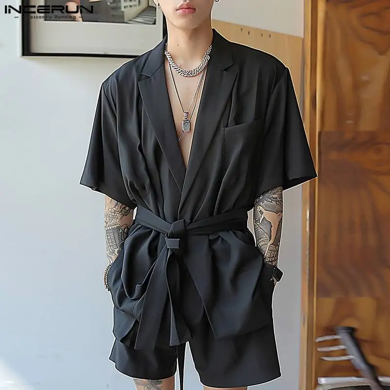 INCERUN Men Sets Solid Color Summer Loose Lapel Short Sleeve Shirt With Belt & Shorts 2PCS Streetwear 2024 Fashion Men\'s Suits