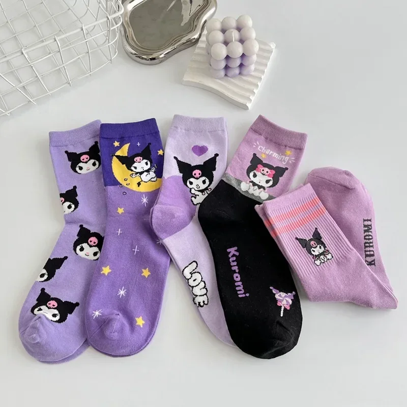 5 Pairs kawaii Sanrio Melody Cinnamoroll Kuromi Mid-Calf Socks Women Sweet Cartoon Hello Kitty Kids Girls Cotton Socks