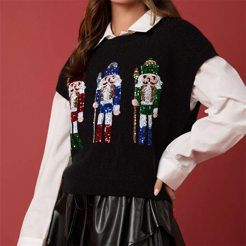 Ugly Christmas Vests for Women Sequin Nutcracker Santa Sweaters Shirt Holiday Sparkly Graphic Crewneck Pullover Top Black