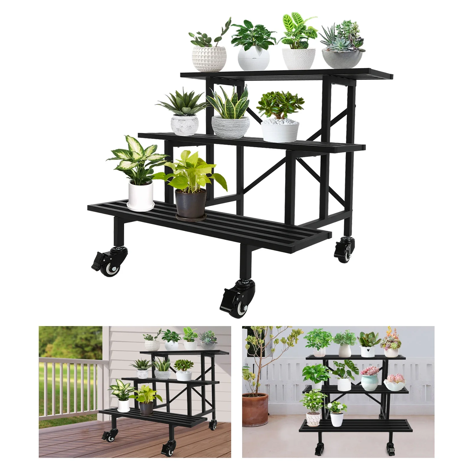 Bymaocar 3-Tier Outdoor Garden Metal Plant Stand with Wheels - Modern Black Steel Flowerpot Shelf Organizer for Multipurpose Use