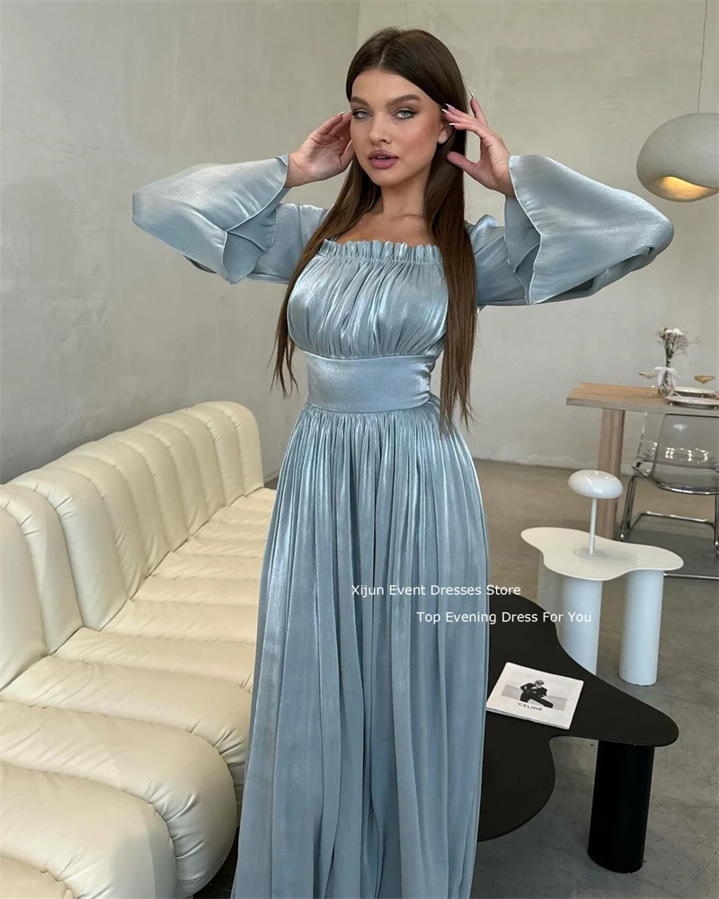 Xijun Blue Elegant Slik Chiffon Evening Dresses Long Cape Sleeves Formal Prom Dresses Mermaid Event Square Collar Prom Gowns