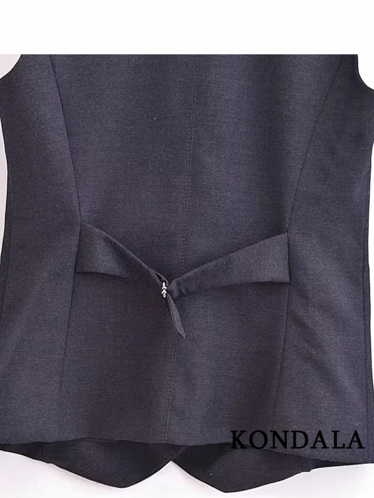 KONDALA Vintage Casual Chic Women Vest Black Solid V-Neck Single Breasted Sleeveless Slim WaistCoats Fashion 2023 Autumn Coats