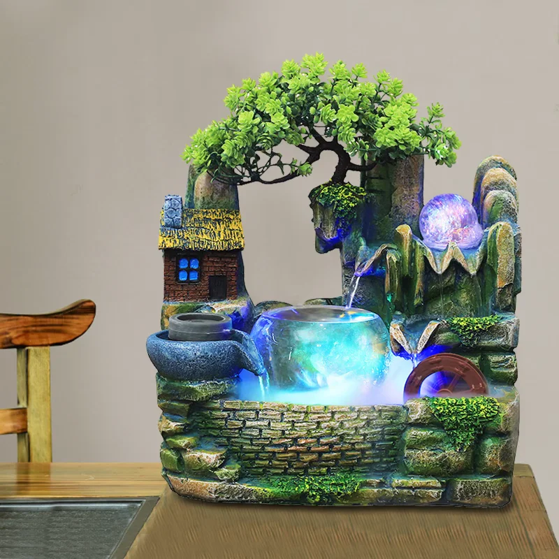 

Garten Dekor Brunnen Fengshui Wasserfall Pflanze Ornament Luftbefeuchter Gut Mit Beleuchtung Tisch Brunnen Schreibtisch Harz Bru