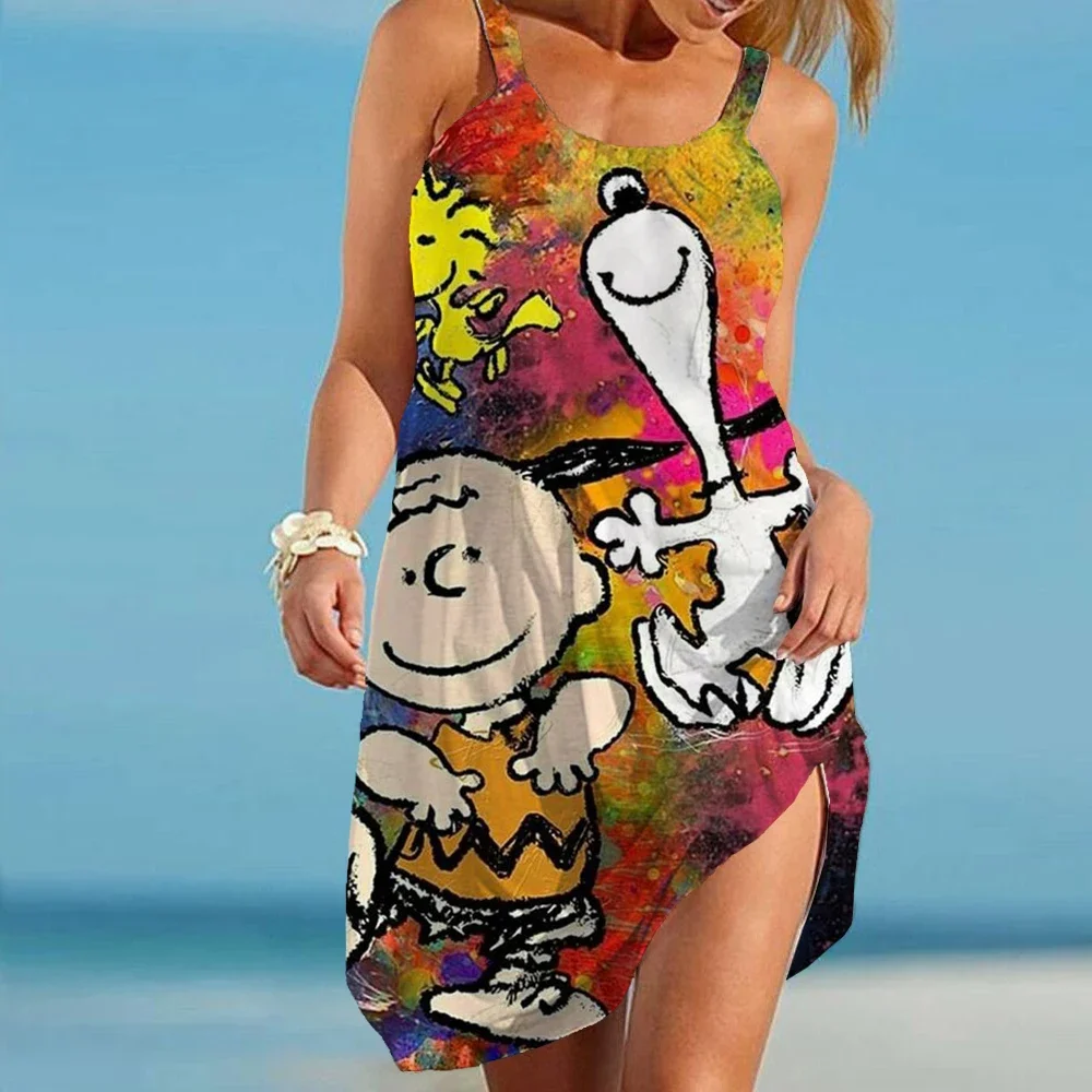 Vestido corto con estampado de Snoopy para mujer, minivestido de cuello redondo de Estilo Hawaiano, informal, sin mangas, holgado, para playa, Verano