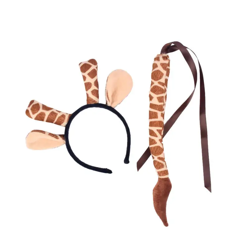 Festival Party Animal Hair Hoop Set Giraffe Zebra Tiger Leopard Ears Headband with Tie Tail Halloween Cosplay Costume Accessory