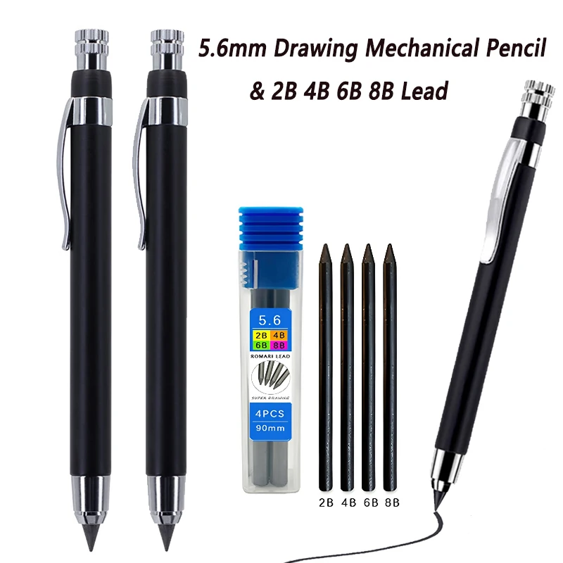 

2 шт./компл., набор механических карандашей для рисования 5,6 мм с грифелем 2B 4B 6B 8B - профессиональный деревообрабатывающий карандаш, инструмент для инженерного рисования