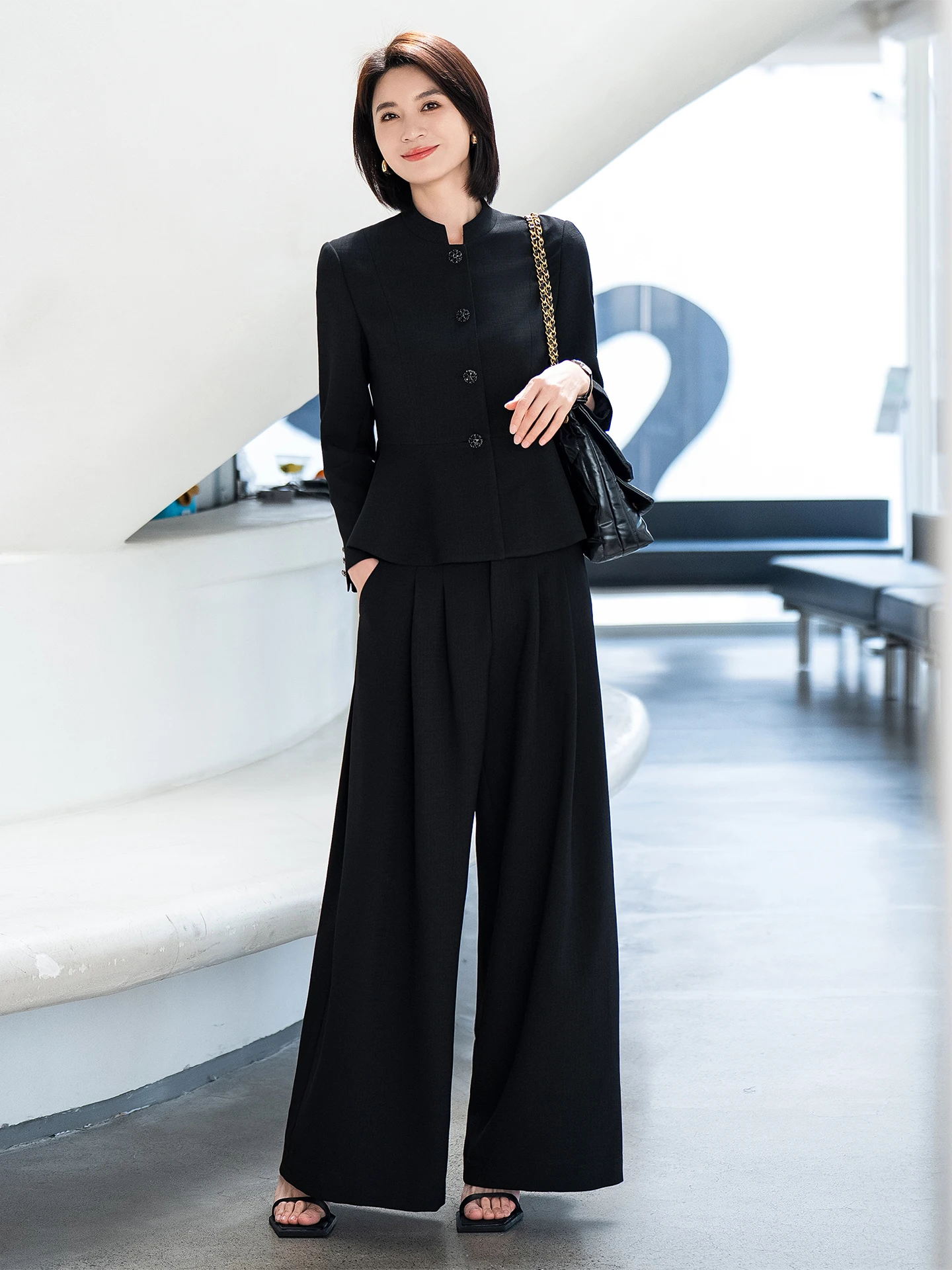 

Elegant Black Stand Collar Suit Set Women's Professional Slimming High Waist Wide Leg Pants Two Piece Set Spring 2026