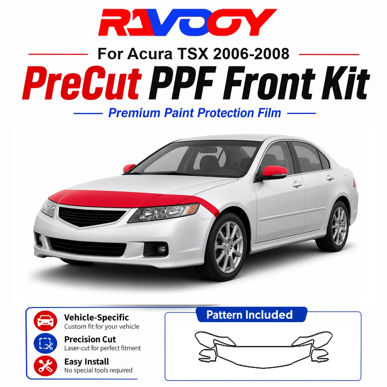 

8.5mil TPU Precut PPF Kit For Acura TSX 2006-2008 - Hood, Partial Fenders & Full Mirror Set - Self-Healing Gloss Clear Bra Film