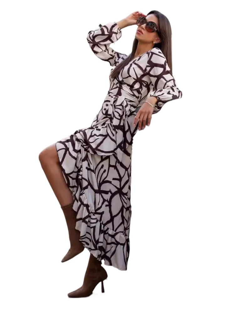 

Fashion Elegant Casual Dress New Autumn Women's V-neck Long-sleeved Printed Irregular Dress Female Office Holiday Women Clothing
