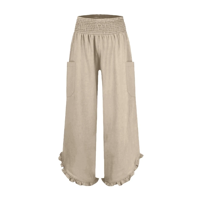 HX6F Pantalon Lino para Mujer Cropped Linen Pants Women Summer Casual Smocked Elastic Waist Ruffle Pants with Pockets