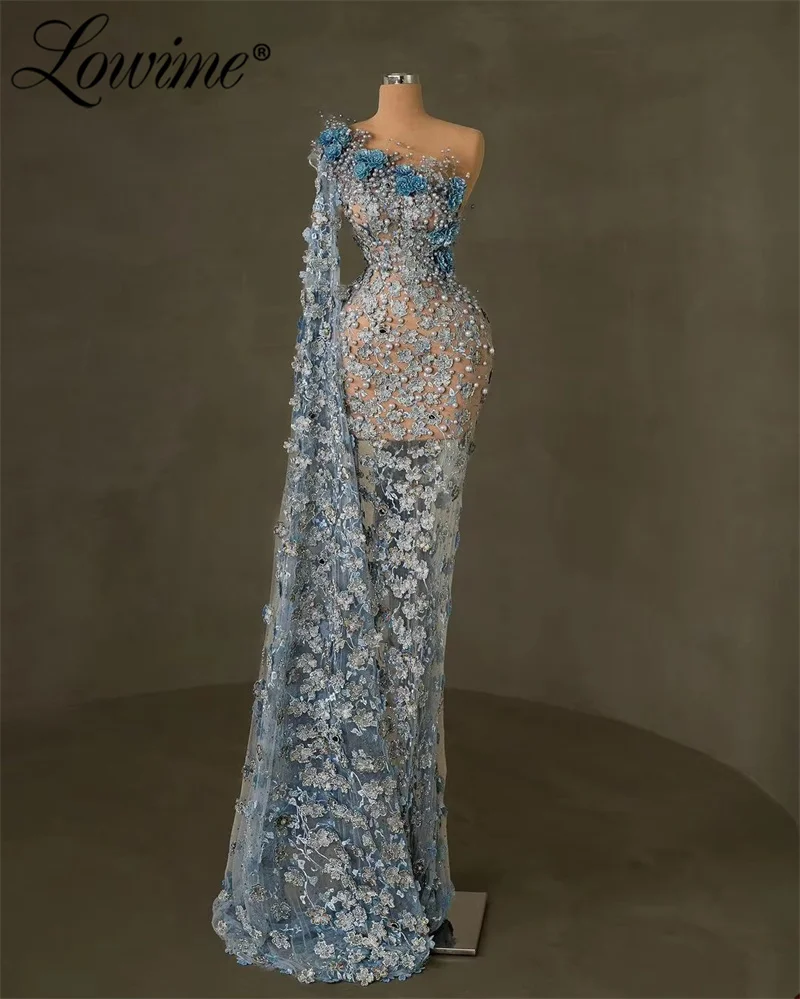 2024 See Through Blue Floral Lace Evening Dress Mermaid One Shoulder Pearls Prom Dresses Aso Ebi Crystals Engagement Gowns Robes