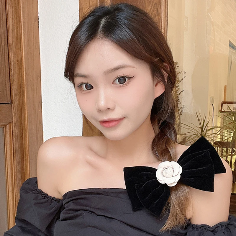 Vintage Black Big Large Velvet Bow Hair Clip For Women Girls Wedding Long Ribbon Korean Hairpins Barrette Hair Accessories