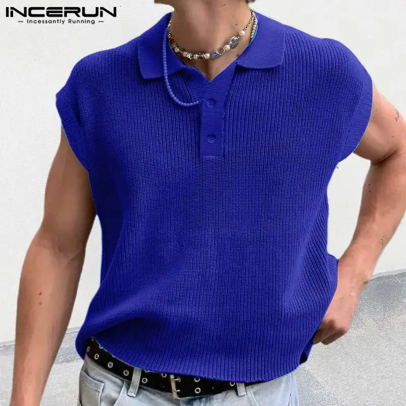 INCERUN Men Shirt Solid Color Knitted Summer Lapel Sleeveless Casual Men Clothing Streetwear 2024 Fashion Leisure Male Shirts