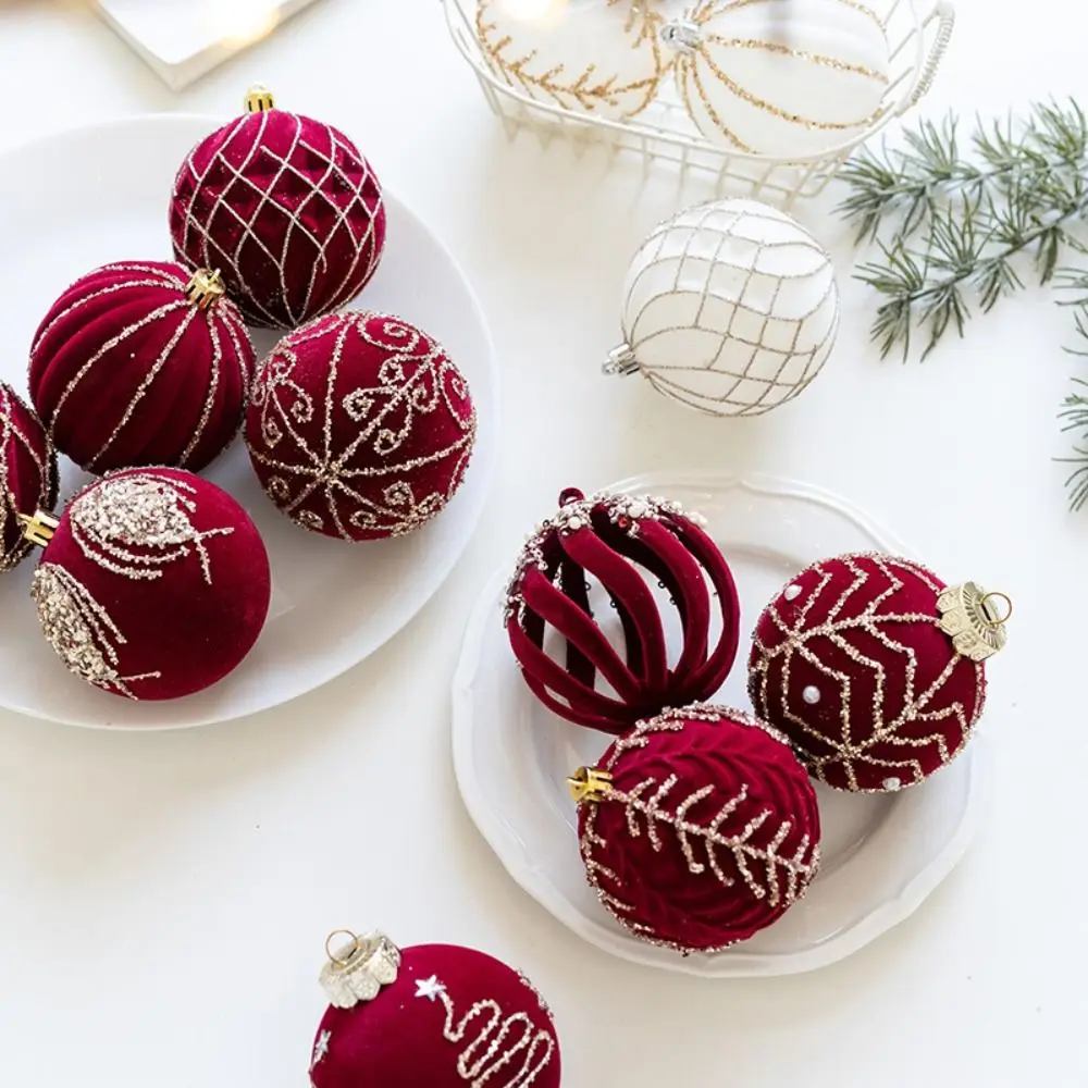 3pcs 8cm Velvet Christmas Balls Set Wine Red Plastic Christmas Balls Pendant Flocking Elegant Christmas Tree Ornaments