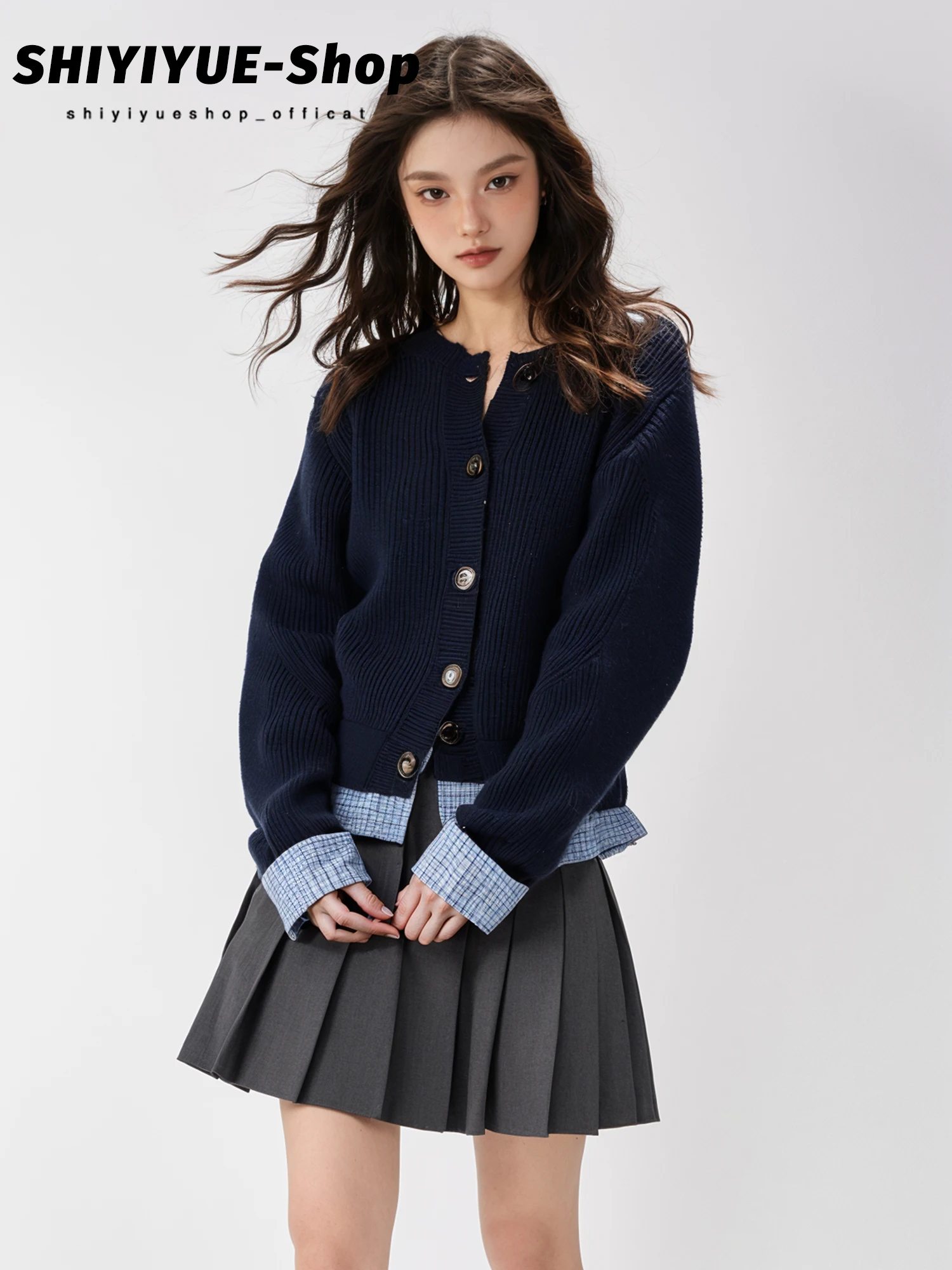 

Frauen Plaid irt Лоскутный вязаный открытый кардиган, женская свободная верхняя одежда, искусственный свитер из двух предметов, повседневный длинный свеч...