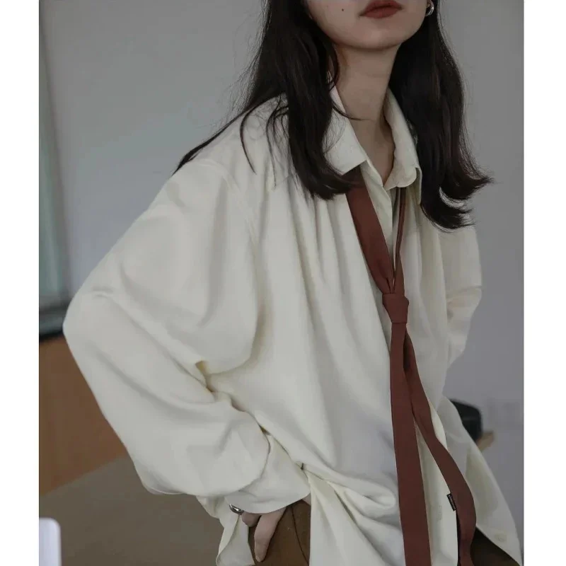 Spring Minimalist Long Sleeve Button Up Shirt Women Korean Style Solid Tie Shirts Blouse Loose Clothes Tops