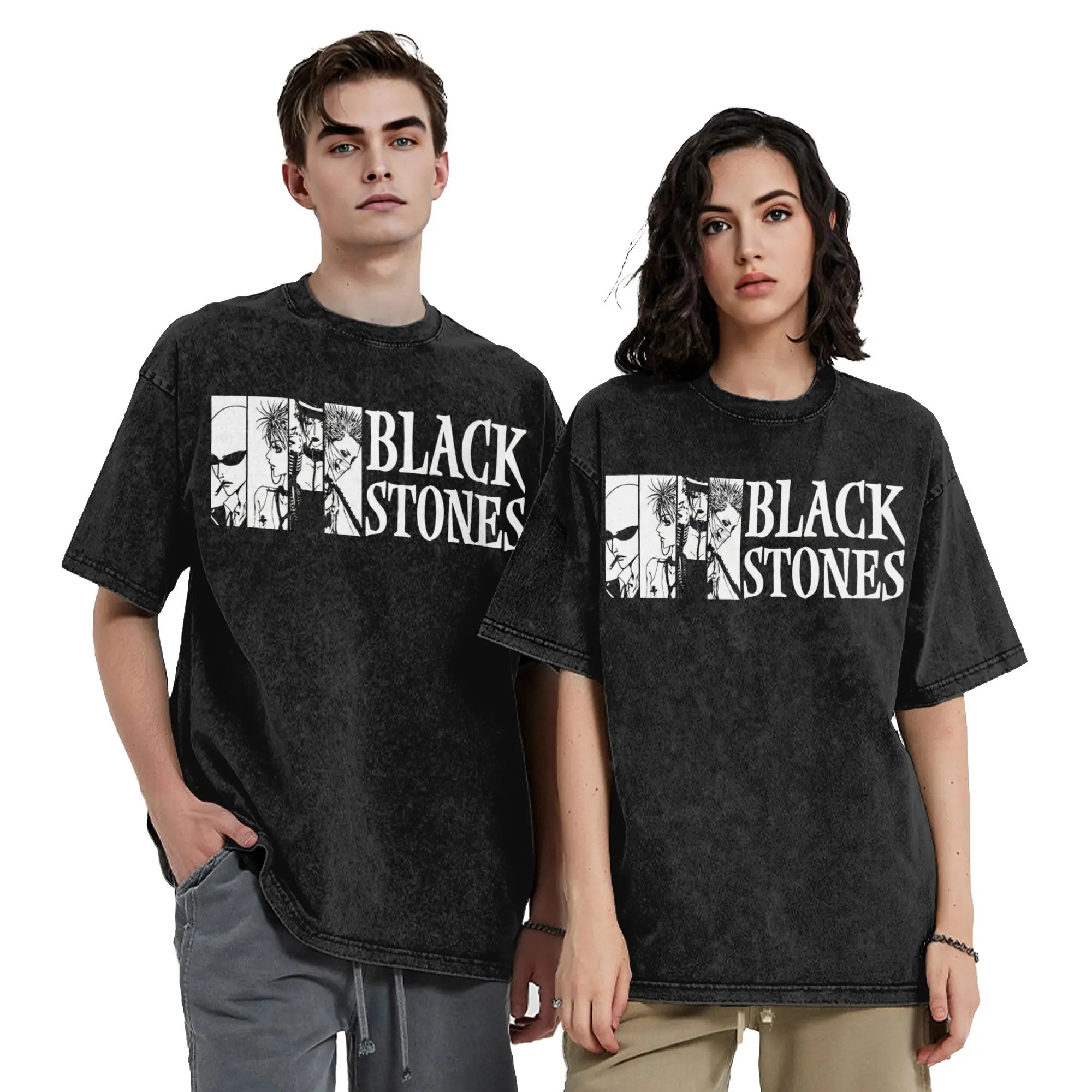 日本のマンガブラックストーンナナ Tシャツヒップホップウォッシュ半袖原宿 Tシャツヴィンテージ男性ストリート夏の Tシャツ