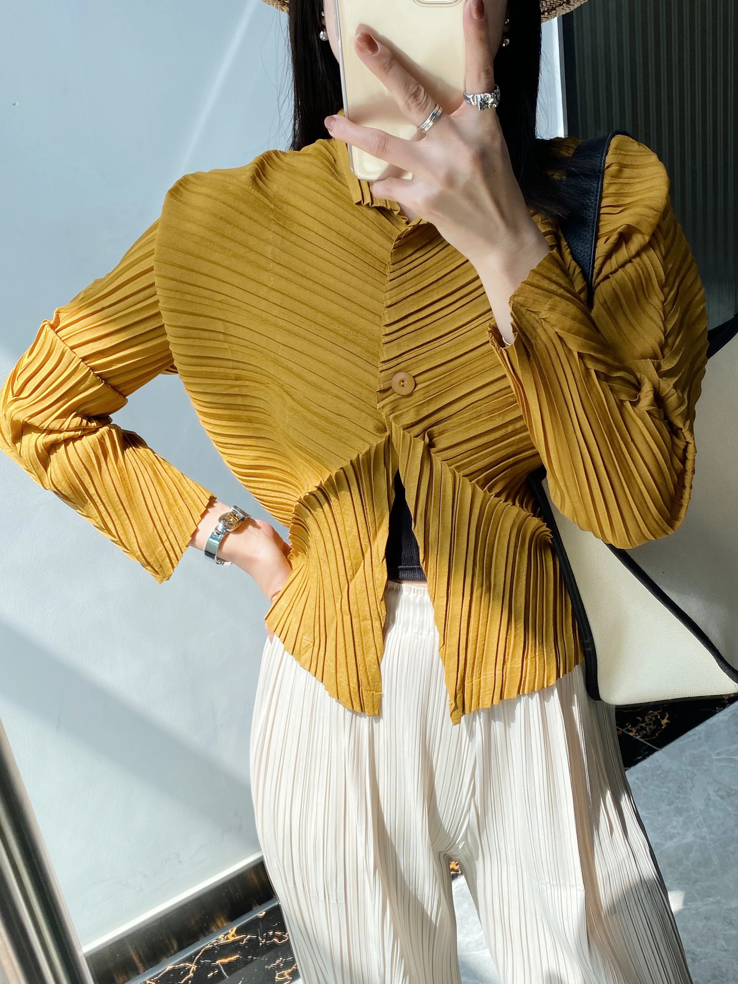 Miyake Pleated Fashion Women's Small Cardigan Solid Color Design Sense Single Breasted Shirt Casual Jacket