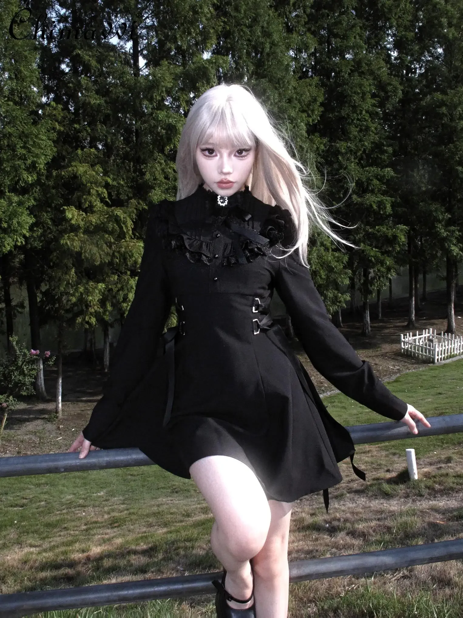 

Original Design Spring and Autumn New Dark Girl Black Lace Long-sleeved Bow Strap Dress Lolita Slim Elegant Dresses for Women