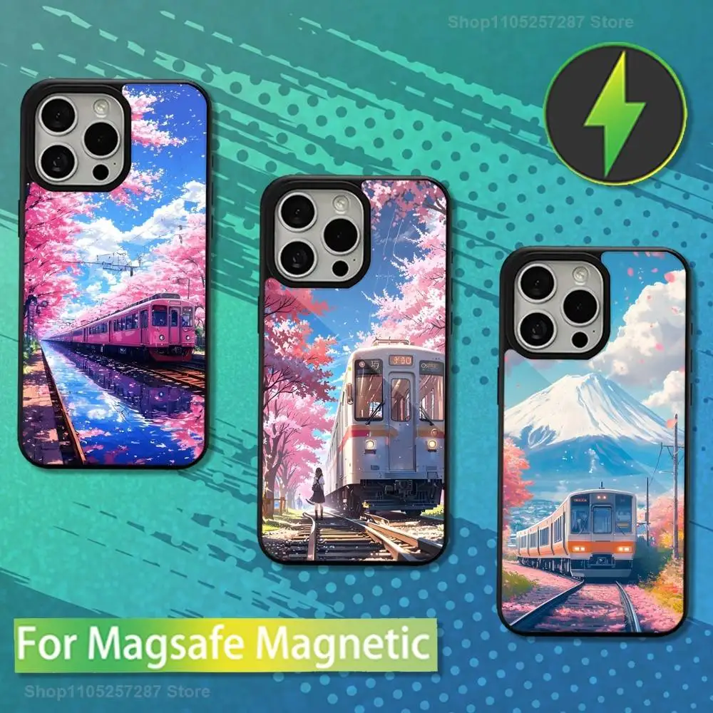 Anime Style Cherry Train Phone For iPhone 17,12,11,16,15,13,14,Pro,Max,Plus,Mini, For Magsafe,Magnetic Wireless Charging Case