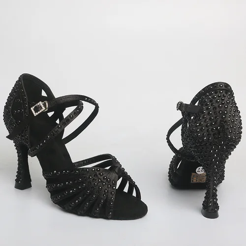Imagen 2 del producto Venus señuelo personalizado 9CM zapatos de baile de salón negro cuentas brillantes suela de gamuza tacones de baile para mujer nueva llegada