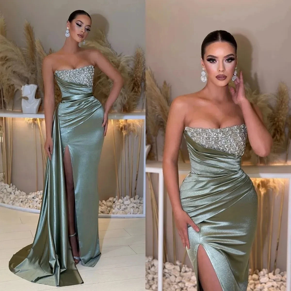 Elegant Light Green Prom Dress Strapless Party Evening Gown Pleated Thigh Slit Formal Long Special Occasion Gown