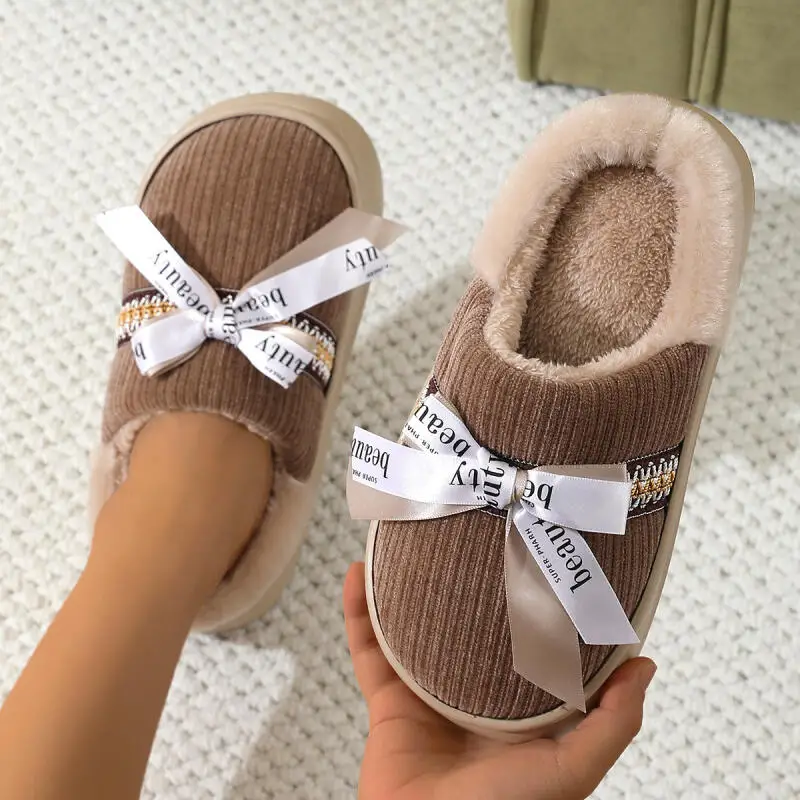 

Повседневные женские тапочки с бантом, домашние плюшевые зимние роскошные дизайнерские женские туфли, домашние шлепанцы из нечеткого меха на плоской подошве, элегантная толстая подошва