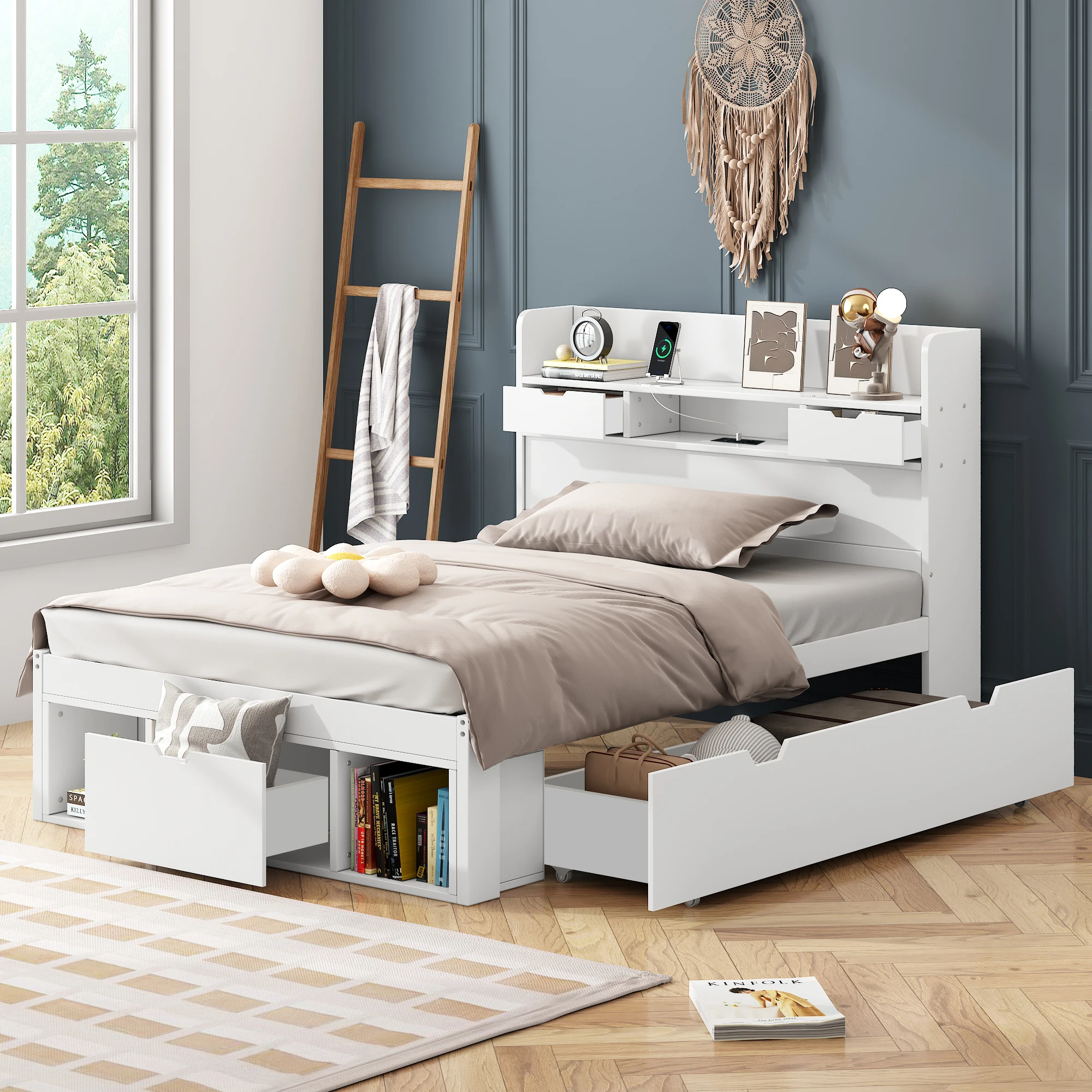 Lit enfant simple avec USB, Type-C, 2 étagères, tiroirs et rangements 90 × 200 cm, sans matelas - Blanc