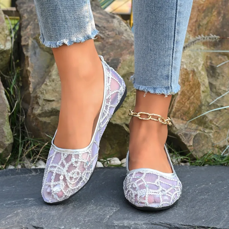 Women's Mesh Fabric Breathable Lightweight Single Shoes Spring and Autumn Women Glitter Embellishment Solid Color Low Top Shoes