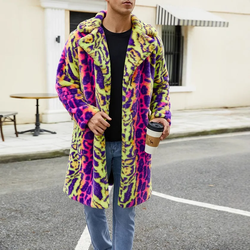 2025 Men Leopard Print Winter Jacket Cardigan Coat Warm Parkas Outwear Thick Faux Fur Plush Fleece Coats Multicolor Overcoat