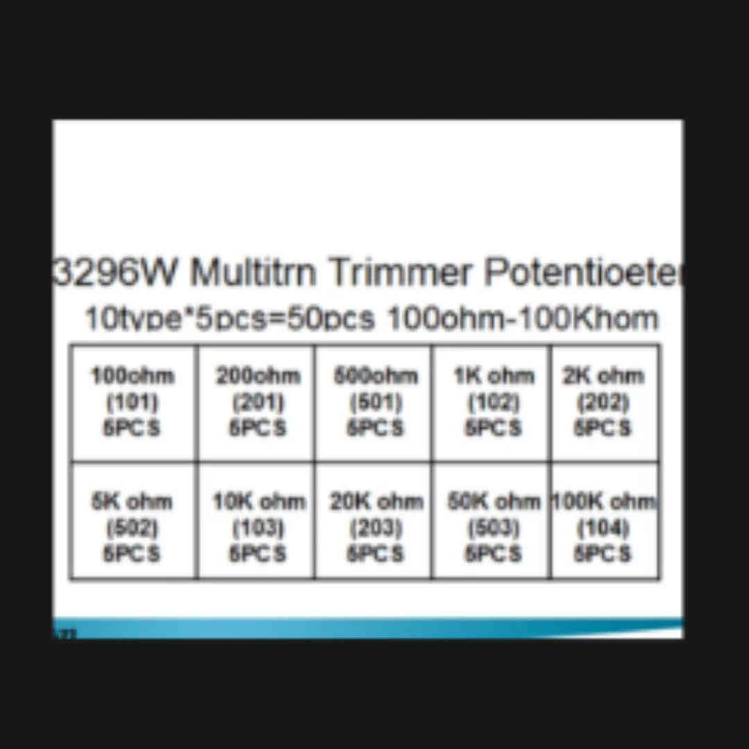 3296W Precision Multi-turn Adjustable Resistor Potentiometer, 10 Values from 100Ω to 100K, 5 Pieces per Value Set