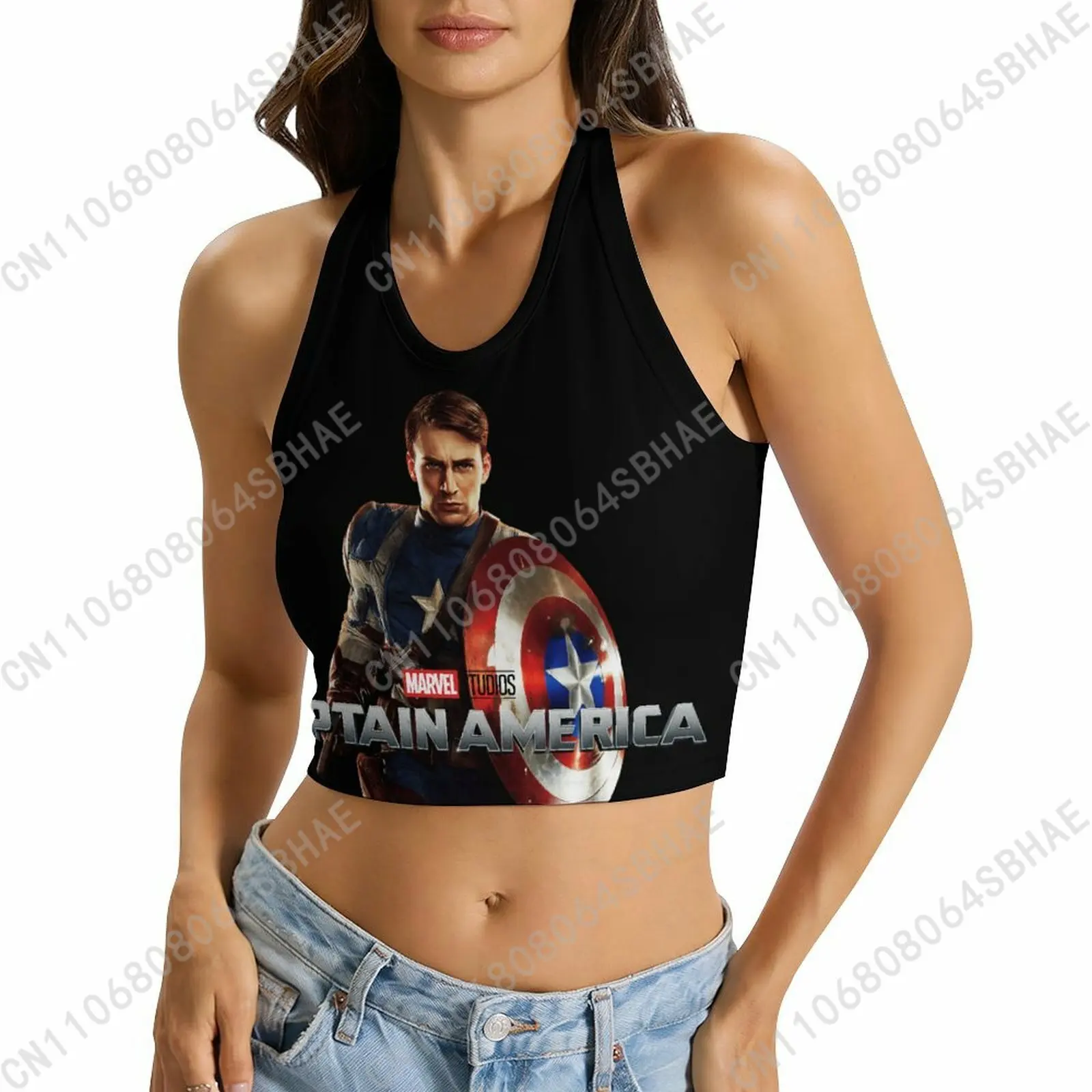 

Marvel Captain America Custom Photo Women's Halter Top Personalized Tie Back Cami Upload Your Gift Wife Girlfriend Cosplay