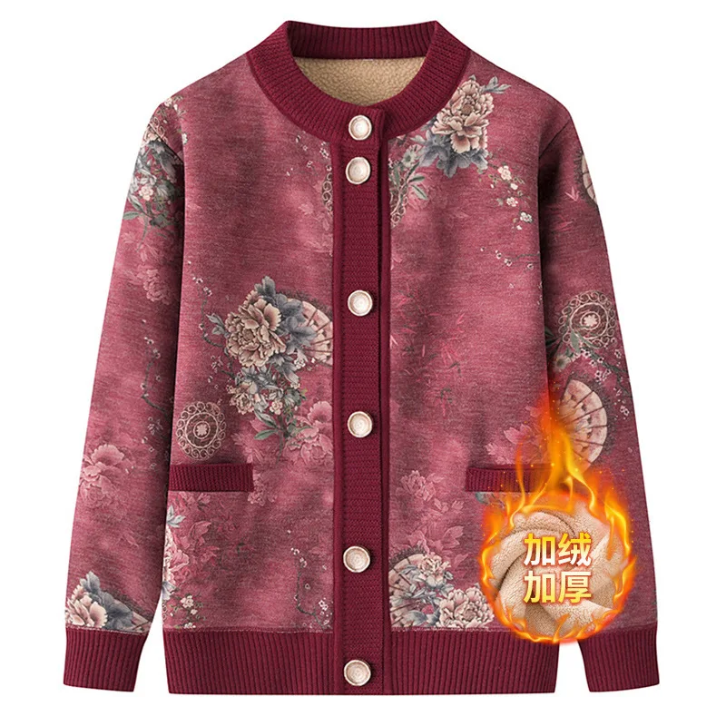 

2026Autumn/Winter New Women's Knitted Cardigan Fleece-Lined Warm Sweater Jacket for Middle-Aged and Elderly Mothers Clothes Tops