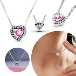 925 Sterling Silver Heart-Shaped Shiny Zircon Elevated Red&Pink&Blue&White Heart Necklace Lover's Gift Fine Jewelry for Women