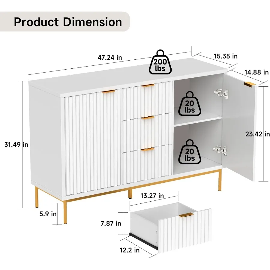 خزانة بوفيه جانبية مخددة حديثة 47 طاولة بوفيه مع مساحة تخزين مع بابين و3 أدراج ورف قابل للتعديل لبار القهوة كابي #2