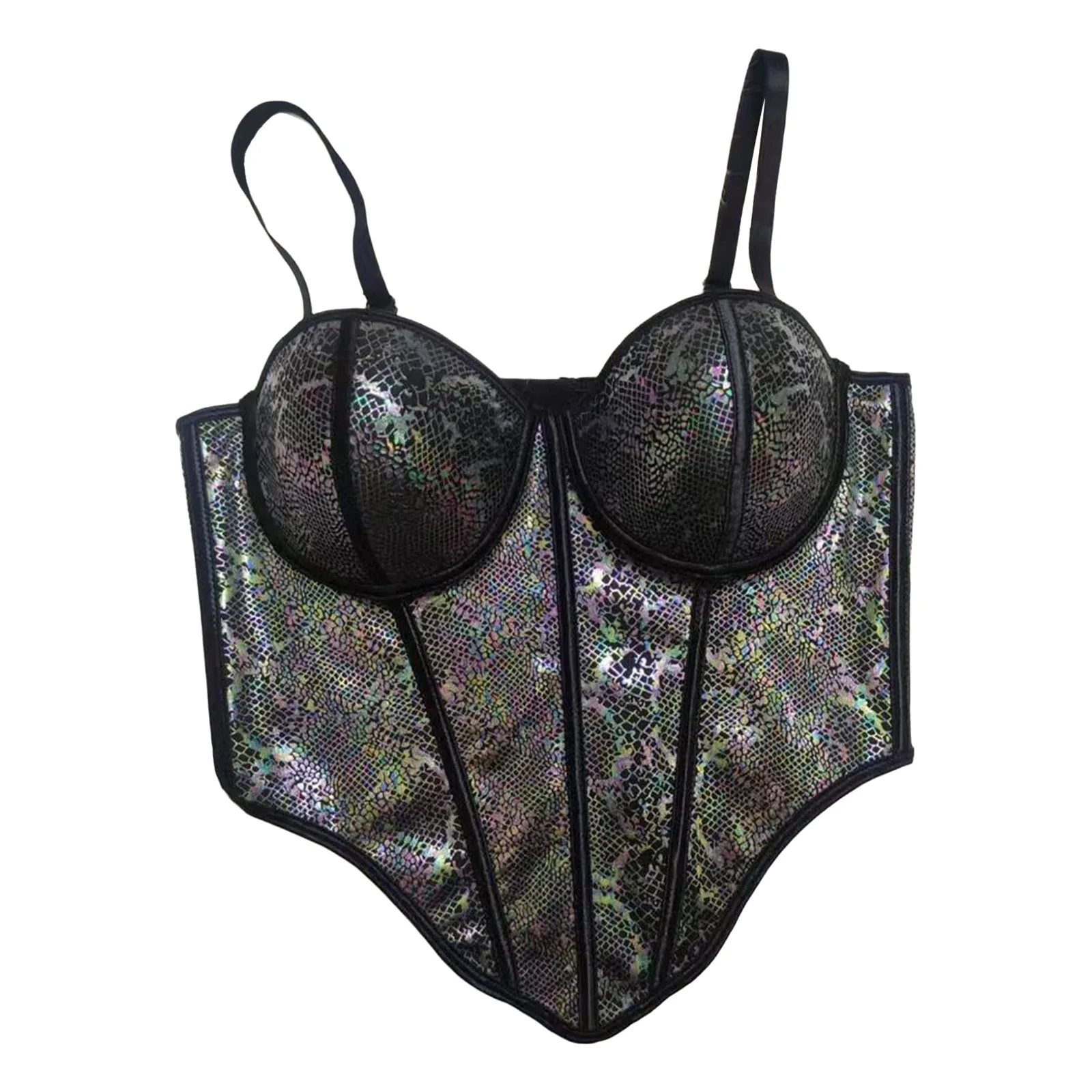 

Womens Wild Snake-skin Pattern Bustier Push-up Cup with Underwire Adjustable Spaghetti Straps Boned Corset Crop Top Camisole