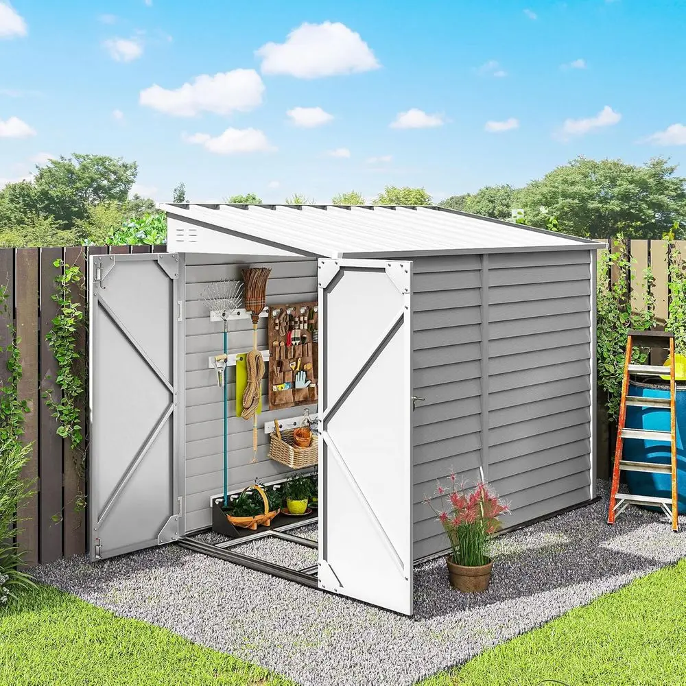

White Outdoor Steel Storage Shed with Waterproof Lean-to, Metal Garden Tool House, Foundation Kit, Lockable Door, Gloves, and 2
